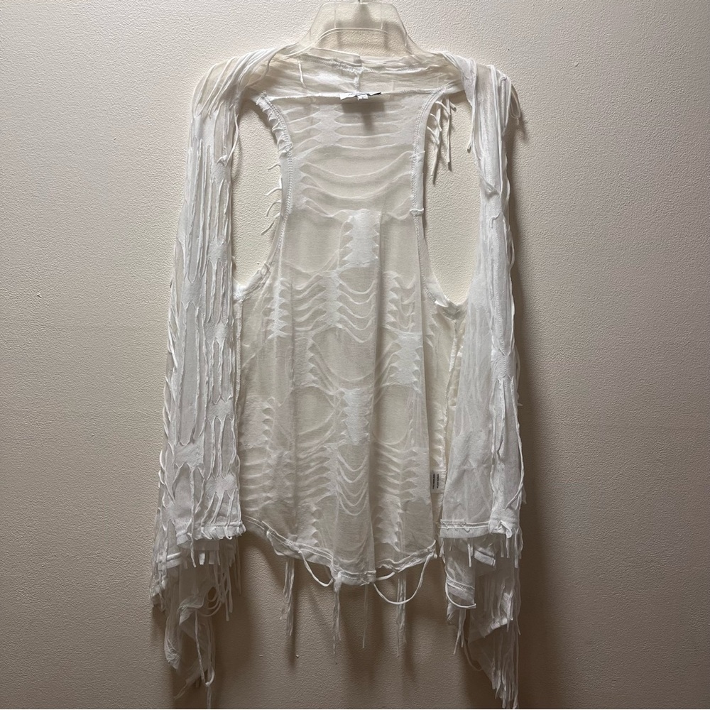 Mystree Coastal Chic Boutique Tattered Fringe Sleeveless Open Vest, Sz S, White